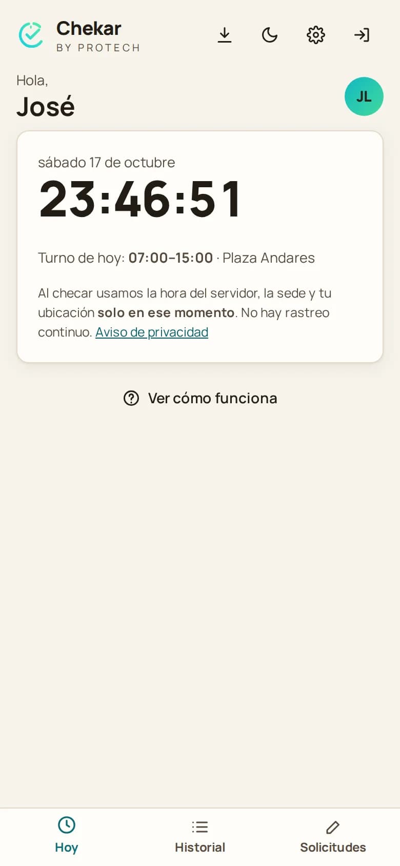 Chekar: pantalla de checada desde el celular