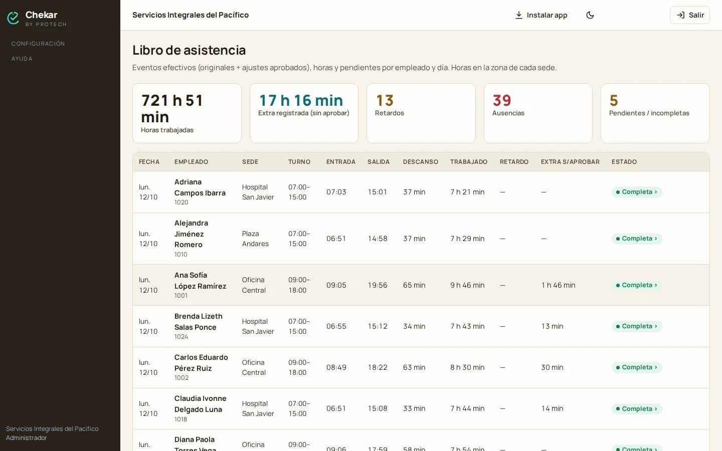 Chekar: libro de asistencia en escritorio con registros y reportes