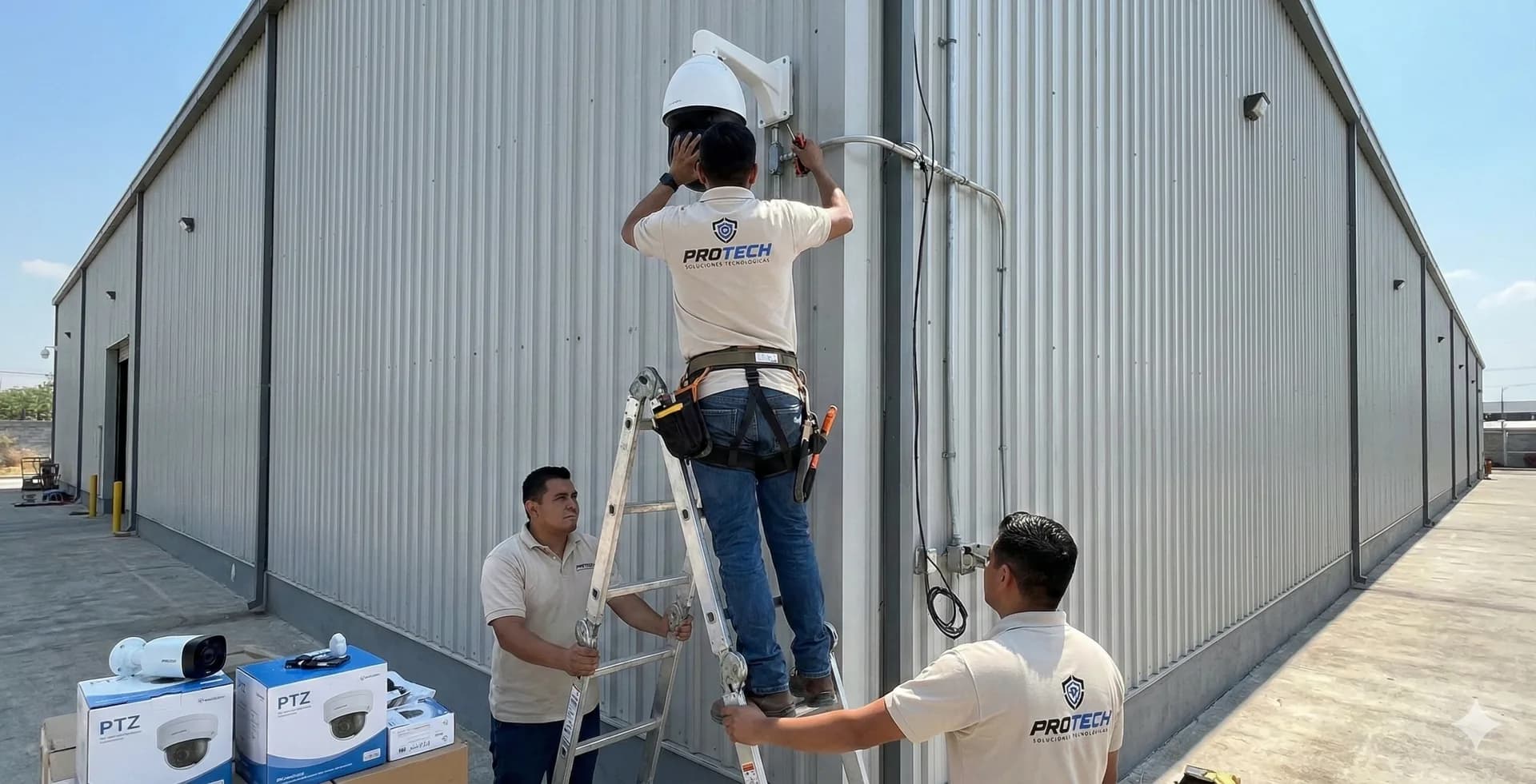 Cuadrilla de PROTECH instalando una cámara PTZ en sitio